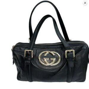 Gucci Authentic black leather gold interlocking logo GGsatchel purse bag